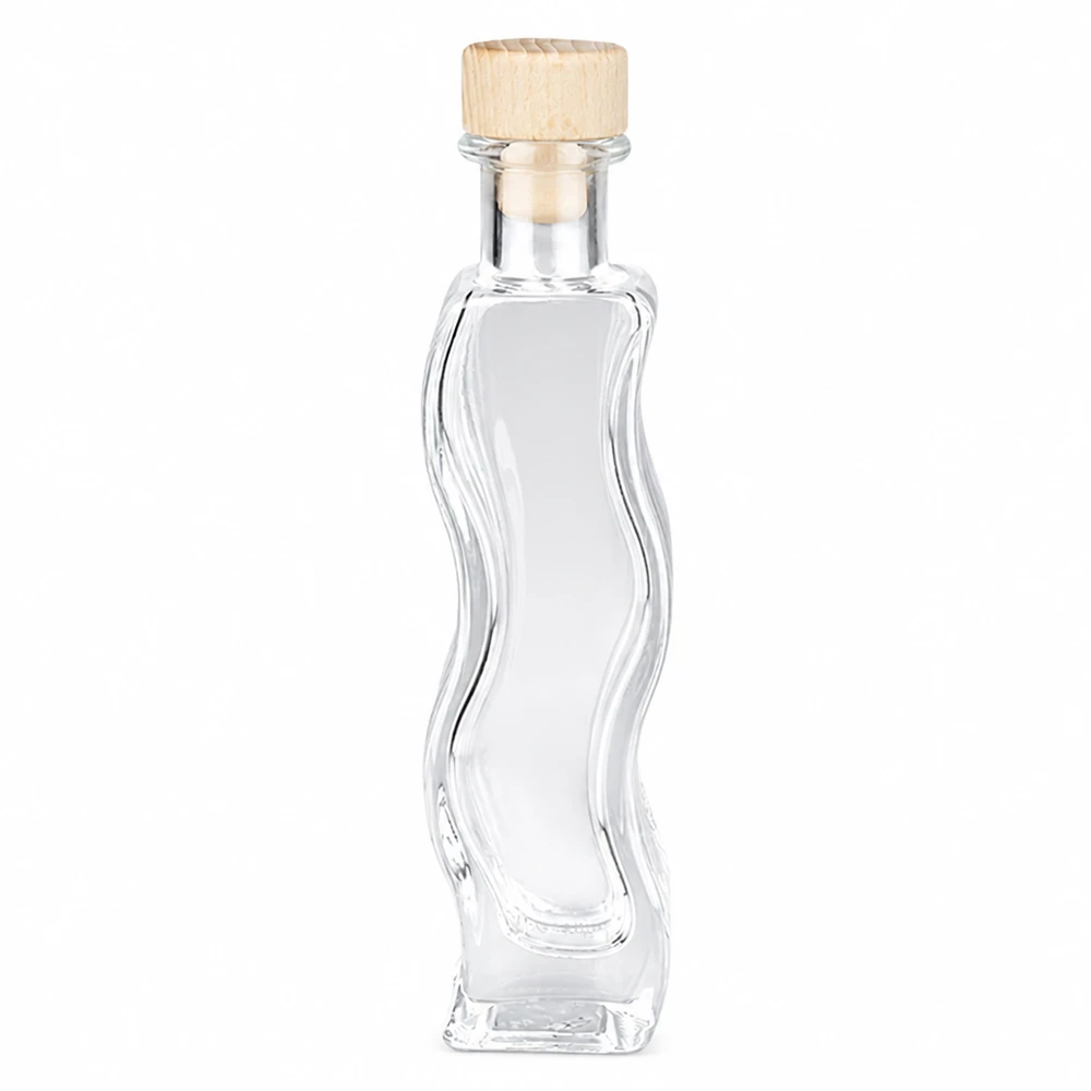 Flacon en verre « Melissa » 100 ml avec bouchon en bois UNiTWIST® Bouteille en verre Melissa 100ml avec bouchon à poignée en bois UNiTWIST forme incurvée vide transparent Bouteille décorative