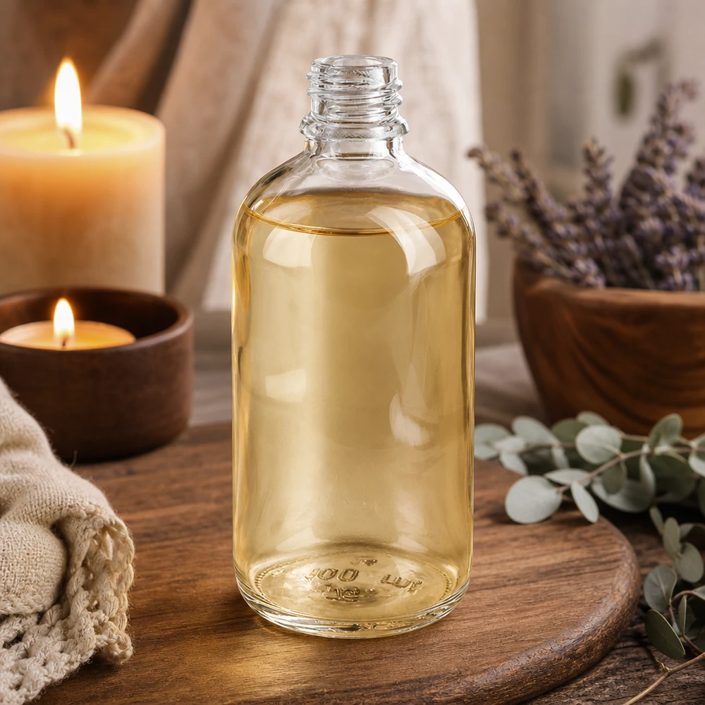 Flacon en verre transparent ClearLine DIN18 de 100 ml contenant de l'huile claire, posé sur une planche en bois à côté de la lavande et de bougies