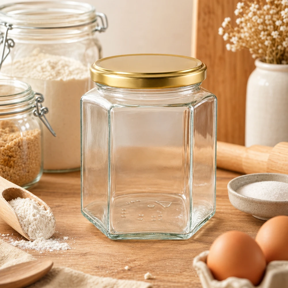 Pot à miel 500 g avec couvercle doré BasicSeal UNiTWIST Pot de miel vide de 500g BasicSeal UT hexagonal avec couvercle doré dans un environnement de cuisine confortable Farine Oeufs Bois
