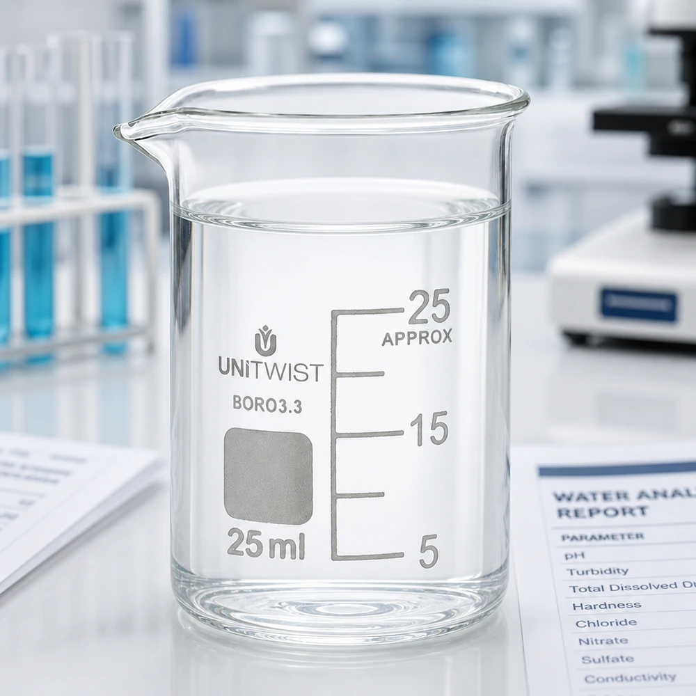 Bécher 25ml borosilicate, forme basse UNiTWIST Verre à bec en borosilicate UNiTWIST de 25 ml, contenant de l'eau claire et doté d'un bec verseur visible de face
