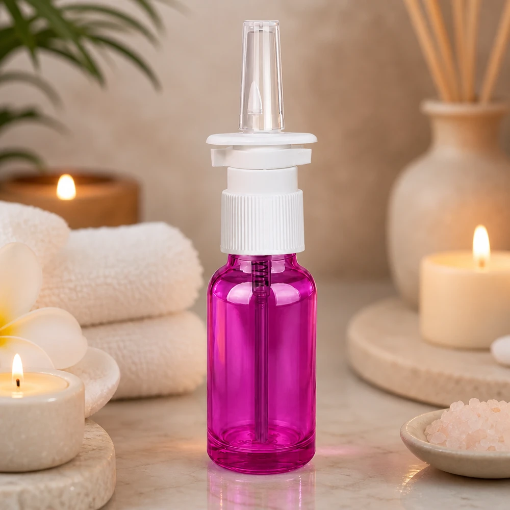 Vaporisateur nasal 20ml blanc/transparent standard PurpleLine. UT18/20 Bouteille de spray nasal violette de 20 ml avec mécanisme de pulvérisation précis pour les applications thérapeutiques