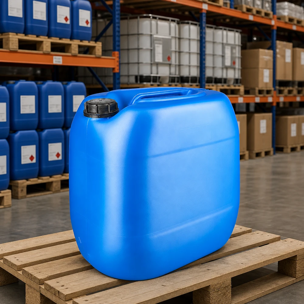 Bidon en plastique empilable de 30 litres, bleu, avec poignée de transport ergonomique et bouchon OV