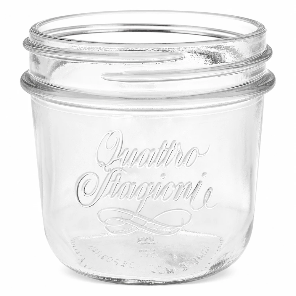 200ml Verre rond "Quattro Stagioni" QS86mm 200ml Quattro Stagioni Pot de conservation en verre transparent avec logo en relief sans couvercle pour la conservation et le stockage