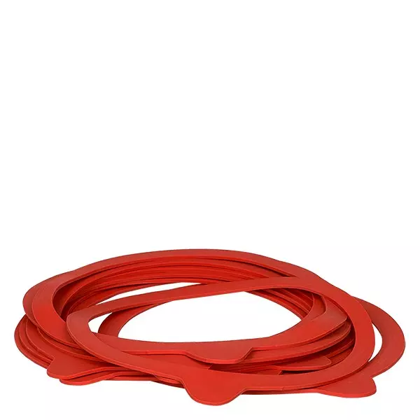Anneaux de cuisson rouges en caoutchouc naturel RR120 pour bocaux empilés sur fond blanc