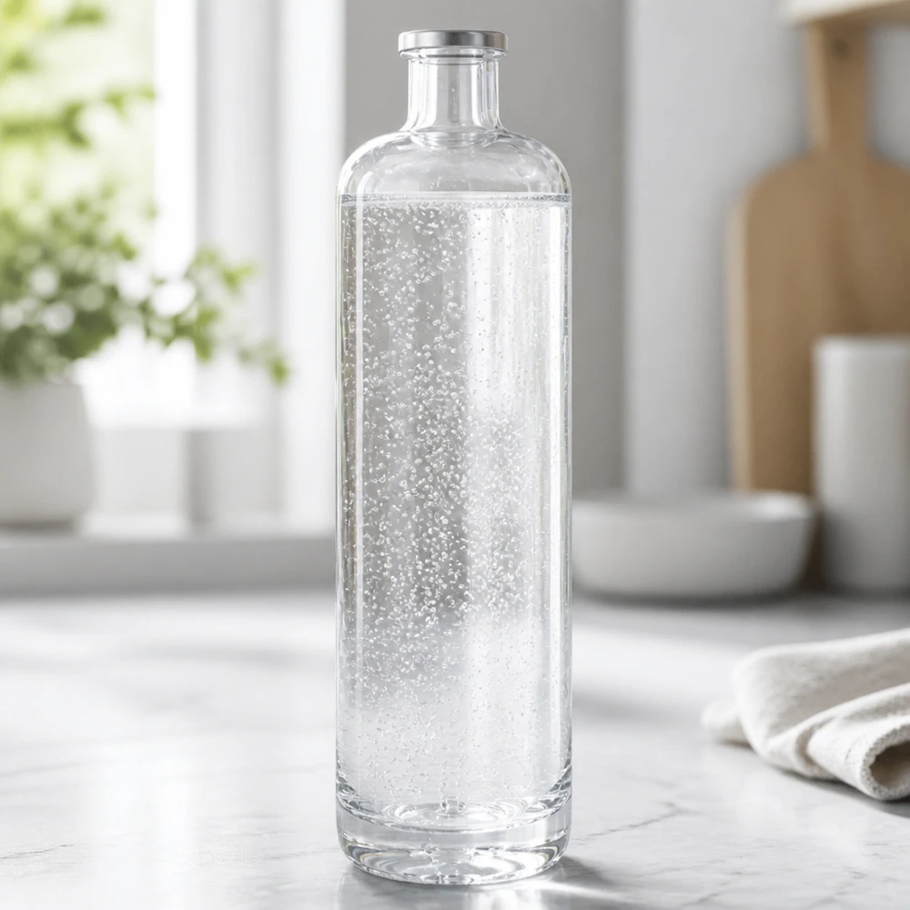 Bouteille en verre 700 ml « Ella » sans bouchon UNiTWIST® Bouteille en verre Ella de 700 ml remplie d'eau minérale pétillante sur un plan de travail de cuisine clair dans une ambiance moderne
