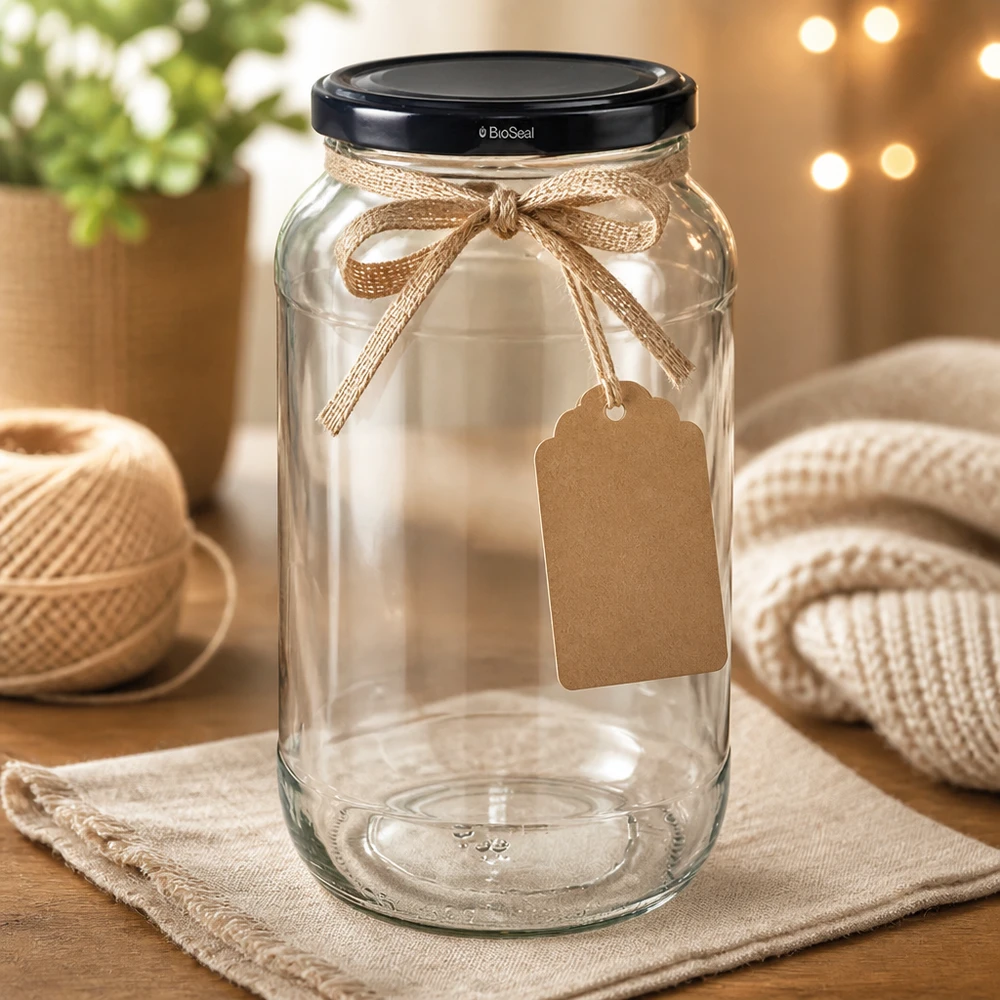 Verre rond 1062 UNiTWIST avec couvercle noir TO82 BioSeal décoré d'un ruban de jute et d'une étiquette cadeau Bricolage-DIY
