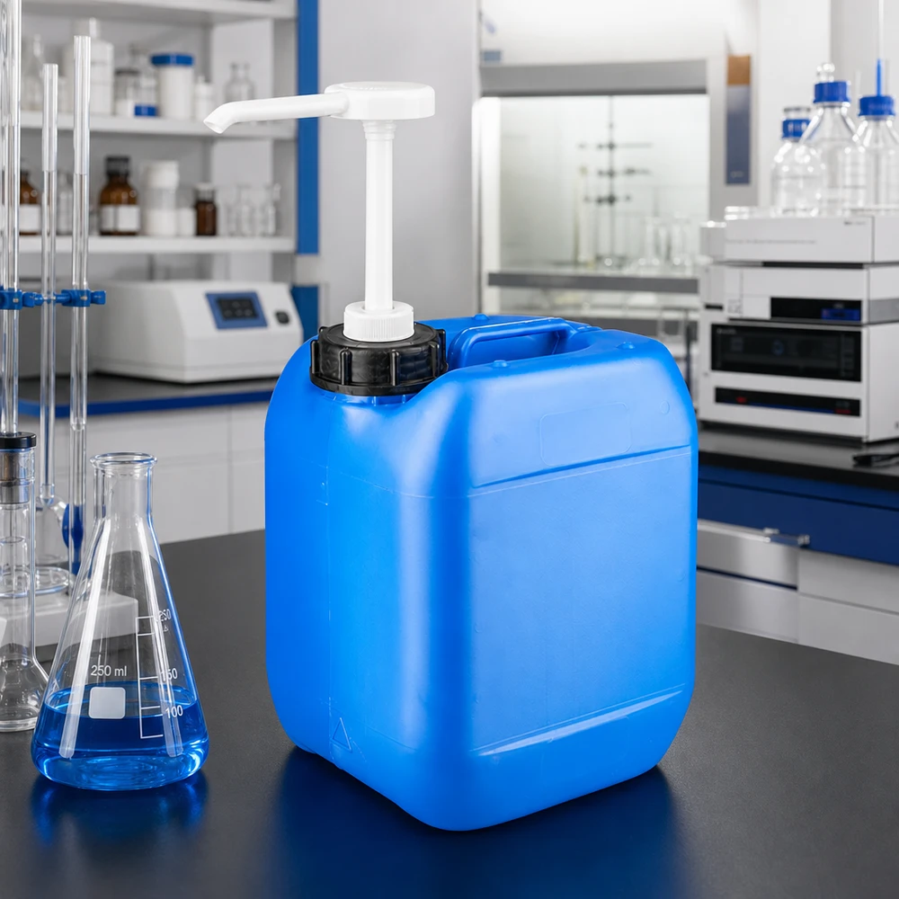 Bidon bleu en PEHD de 5 litres, muni d'un bouchon à vis noir et d'un distributeur à pompe, posé sur une paillasse de laboratoire