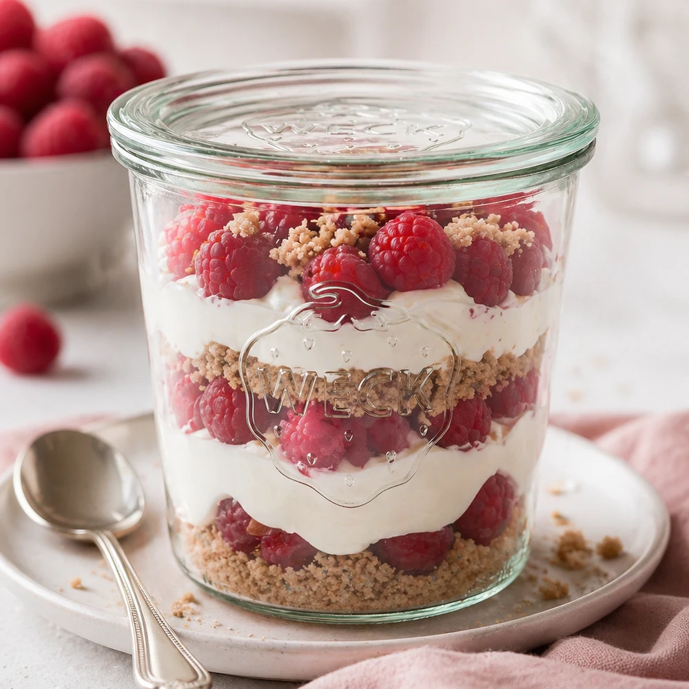 Bocal en verre de 580 ml avec couvercle en verre WECK RR100 WECK Verre renversé 580ml RR100 comme verre à dessert avec des couches de dessert aux framboises et des vermicelles décoratifs