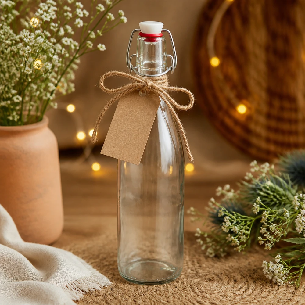 Bouteille en verre de 500 ml + bouchon mécanique en porcelaine UN.. Bouteille en verre 500ml avec bouchon à étrier en porcelaine, décorée avec un pendentif en papier kraft et une corde de jute.