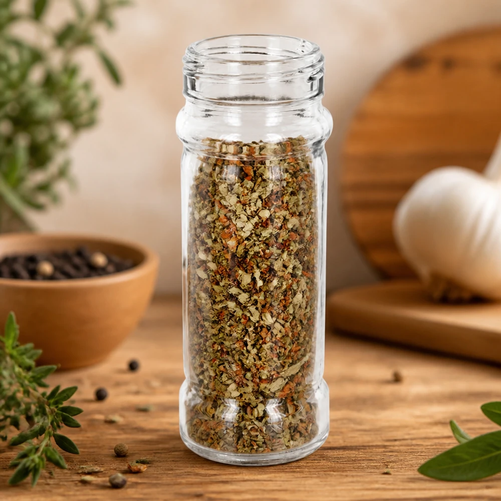 Pot à épices de forme cylindrique 100 ml avec filetage 41 mm, en verre clair sans couvercle Pot à sel rond « Mary » en verre transparent de 100 ml, avec un filetage de 41 mm, pour mélanges d'épices