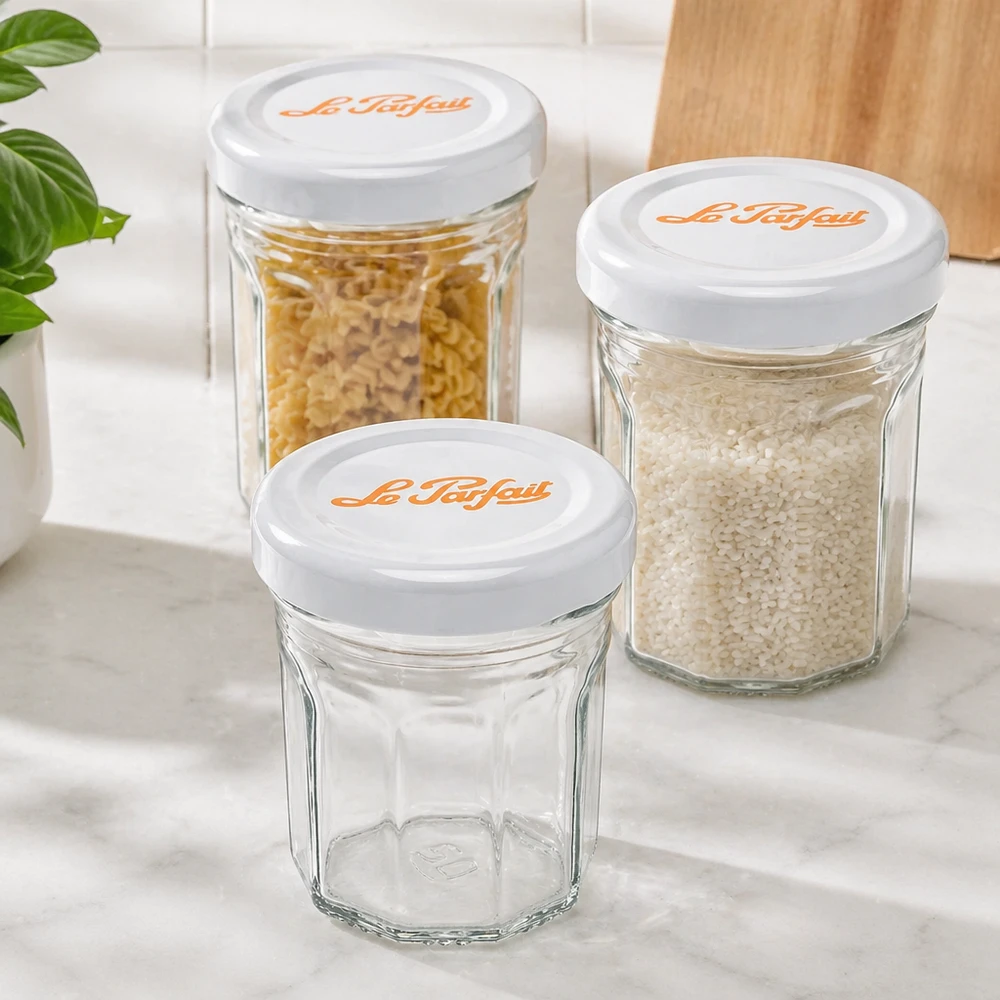 Set de mini-verres à pied Le Parfait 44ml avec couvercles blancs - un vide, deux remplis de riz et de pâtes