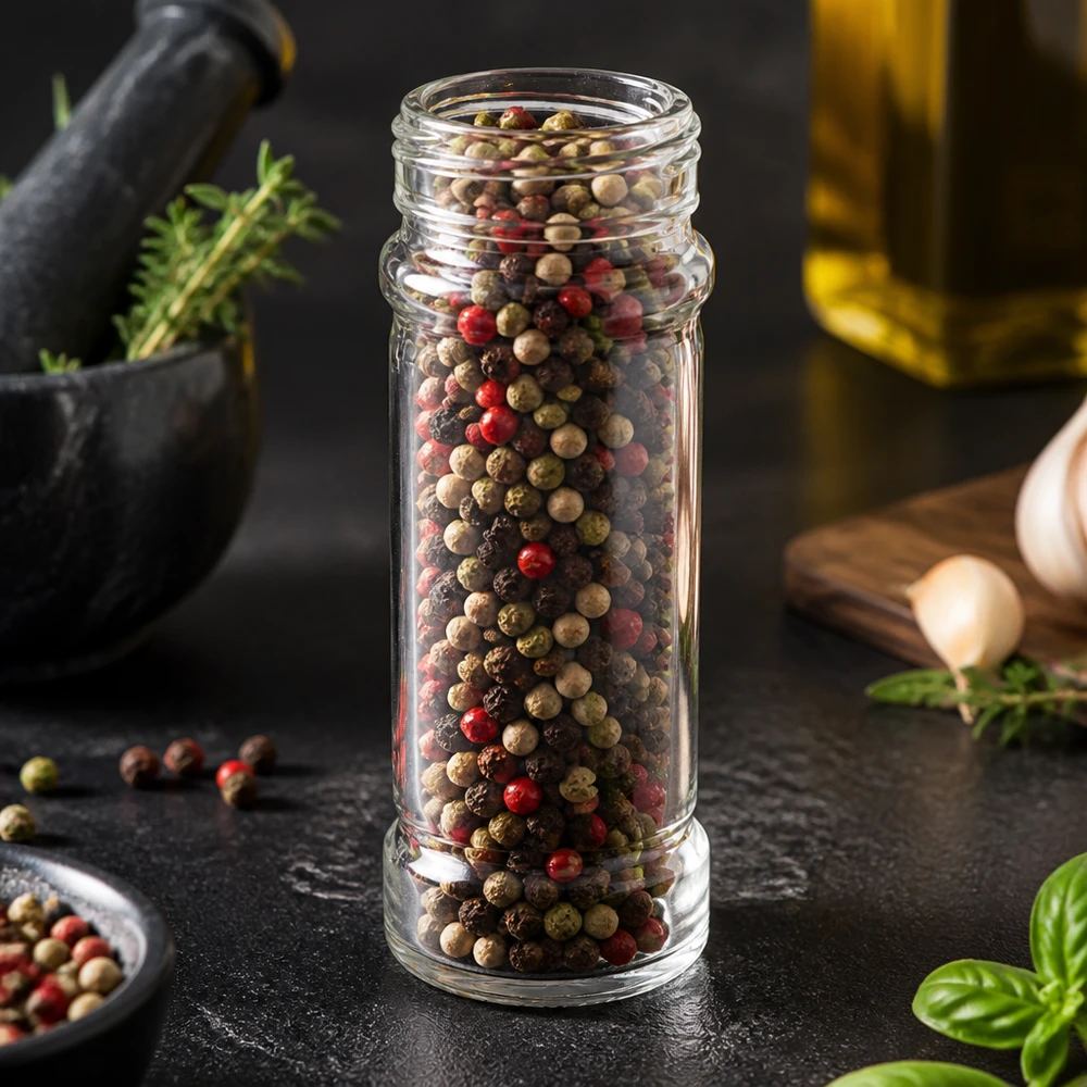 Pot à épices de forme cylindrique 100 ml avec filetage 41 mm, en verre clair sans couvercle Verre cylindrique transparent « Mary » de 41 mm, fileté, contenant un mélange de grains de poivre rouges, noirs et blancs