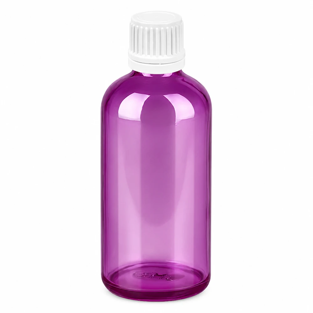 Flacon 100ml bouchon à vis 11mm blanc Originalité Bouchon à vis PurpleLine UT18/100 Flacon rond de 100ml en verre violet avec un pas de vis de 11mm et un bouchon d'inviolabilité blanc