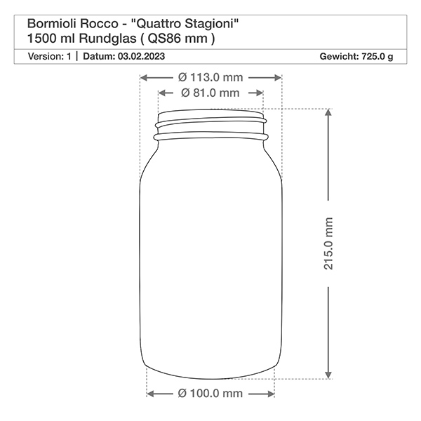 1500ml verre rond « Quattro Stagioni » avec couvercle Dessin technique Bormioli Rocco Quattro Stagioni bocal rond 1500ml - Dimensions et spécifications pour bocaux à conserves