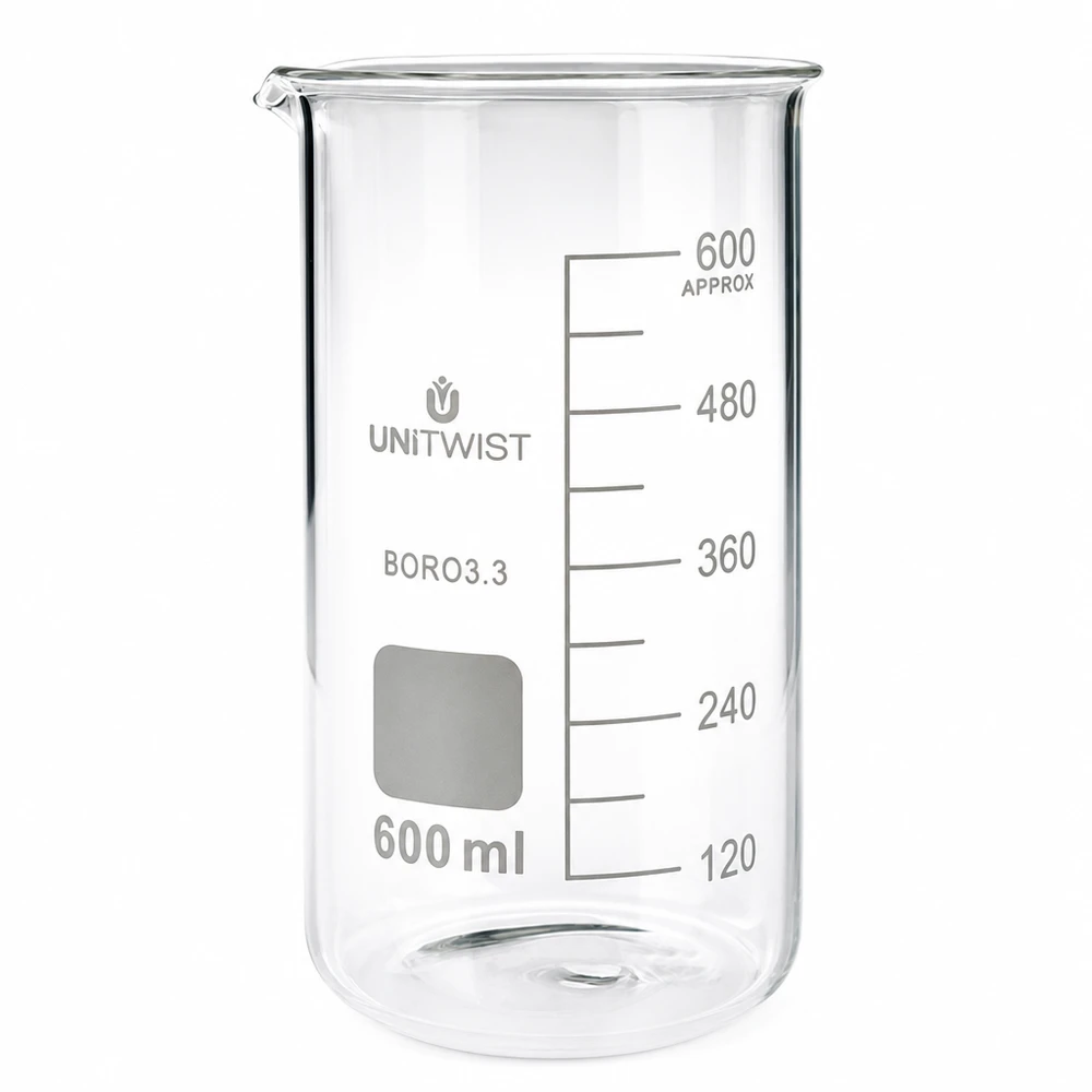 Bécher 600ml borosilicate, forme haute UNITWIST Bécher de laboratoire haut de 600 ml, en verre borosilicaté 3.3 résistant à la chaleur, avec bec verseur UNITWIST