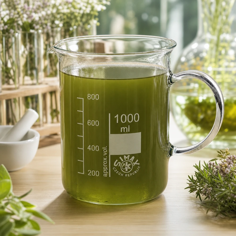 Bécher avec poignée 1000ml en verre borosilicate résistant à la chaleur (forme normale) Bécher de laboratoire de 1 000 ml avec anse, destiné aux infusions d'herbes et aux applications de médecine naturelle