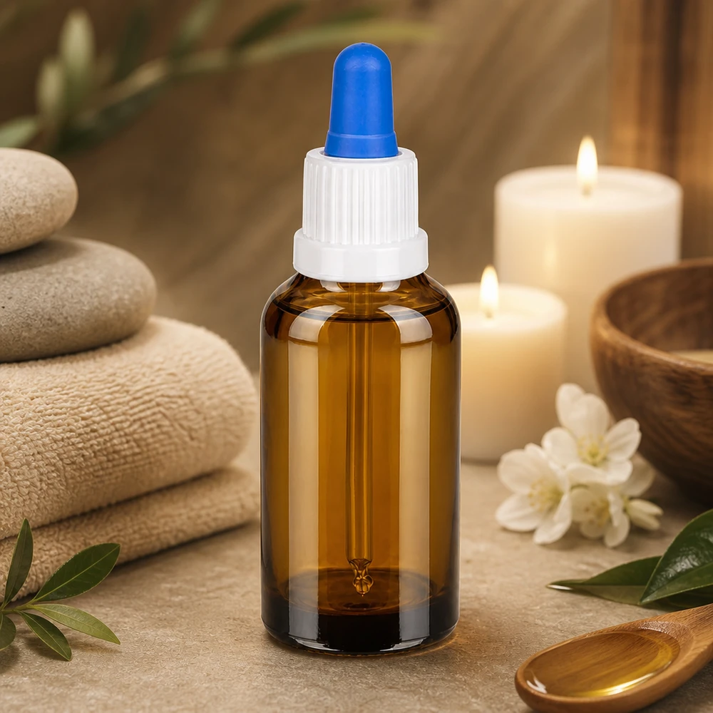 Bouteille pipette 30ml blanc/bleu OV BrownLine UT18/30 Bouteille en verre de protection contre la lumière de 30 ml avec pipette pratique pour les substances actives et les extraits sensibles