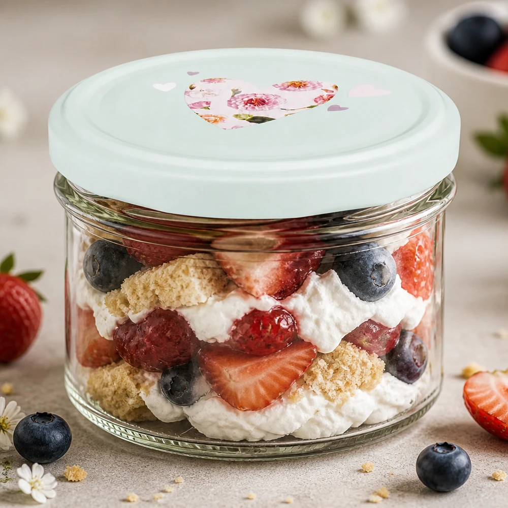 Verres de 225 ml + couvercle BasicSeal cur menthe UNiTWIST Verre renversé de 225 ml avec dessert stratifié aux baies et à la crème montre la polyvalence du couvercle BasicSeal menthe