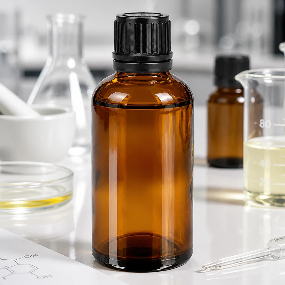 Flacon 50ml 11mm SV noir OV BrownLine UT18/50 Bouteille en verre brun de 50 ml de qualité laboratoire avec protection UV et bouchon noir pour un stockage sûr