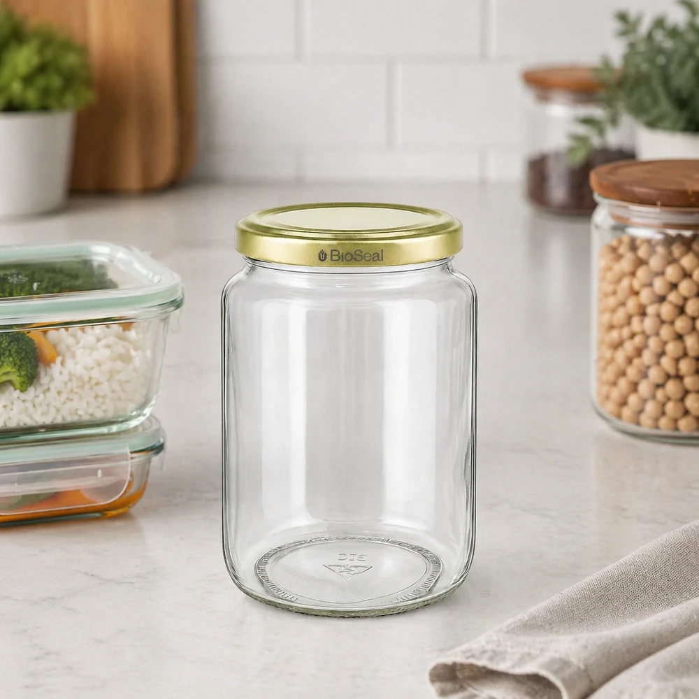 Pot de miel BioSeal de 1000g vide avec couvercle doré à visser sur le plan de travail de la cuisine à côté des bocaux de stockage avec pois chiches