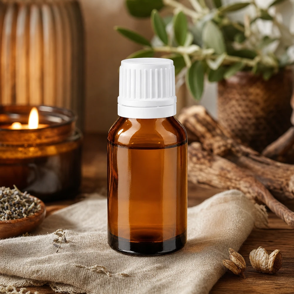 Flacon cylindrique en verre ambré de 30 ml avec un bouchon à vis blanc, à côté de matériaux naturels