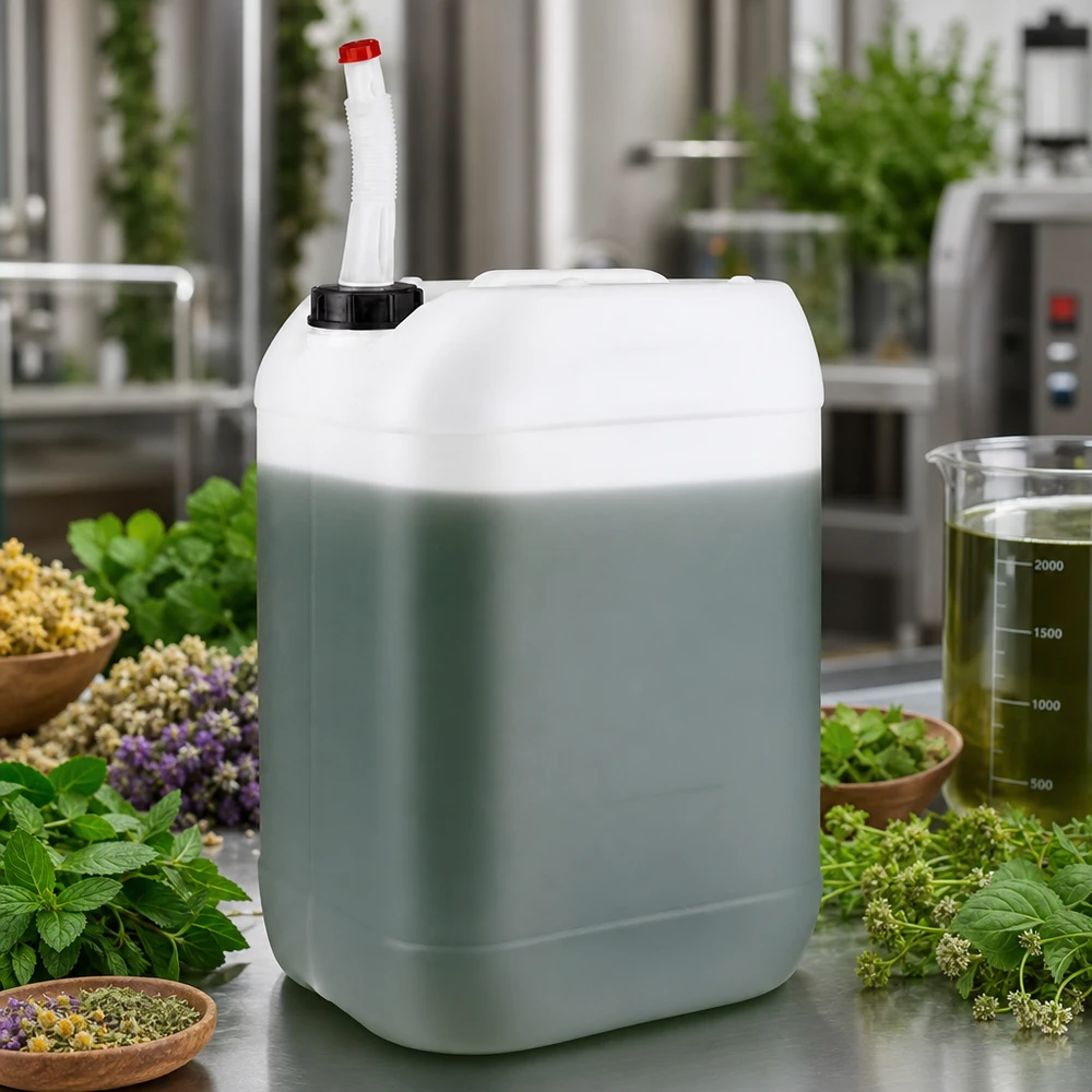 Bidon en plastique de grande capacité (25 litres) avec bec verseur flexible, destiné aux extraits d'herbes et aux produits naturels