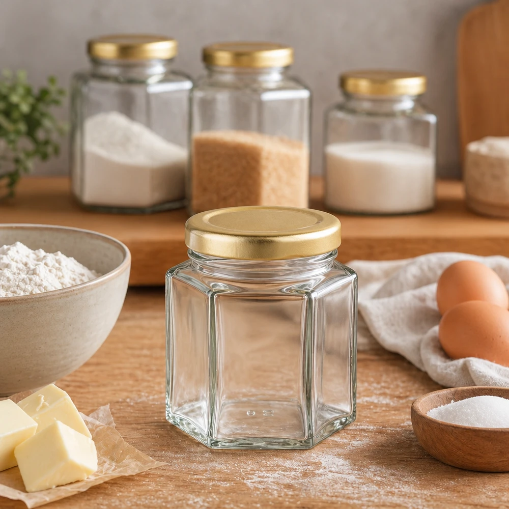 60g pot de miel hexagonal vide dans scène de cuisine avec ingrédients farine oeufs beurre et pots de conservation