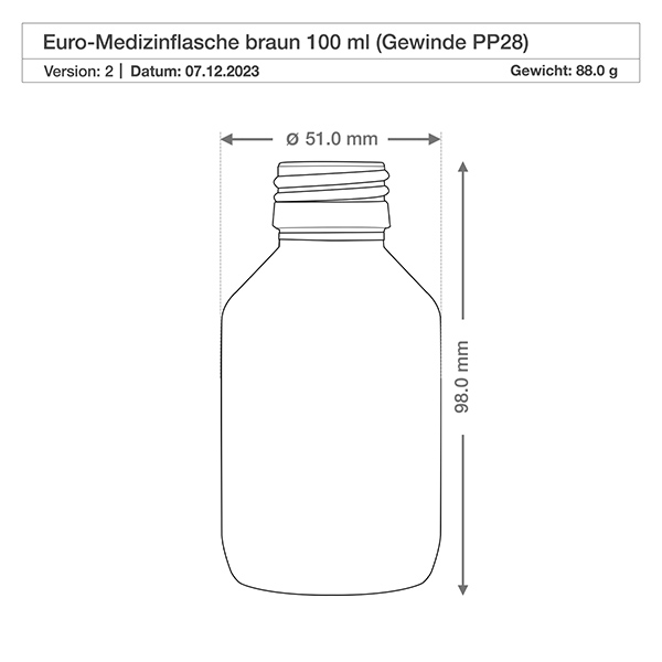Flacon médical norme européenne de 100 ml avec spray noir GCMI 28/410 et couvercle transparent, standard Bouteille en verre brun de 100ml de forme ronde avec filetage PP28 pour un stockage sûr des médicaments