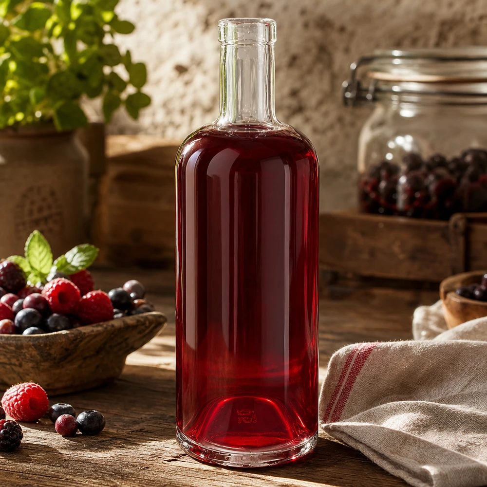 Bouteille en verre Emma de 750 ml remplie de jus de baies rouges entourée de baies fraîches et d'une décoration de cuisine rustique