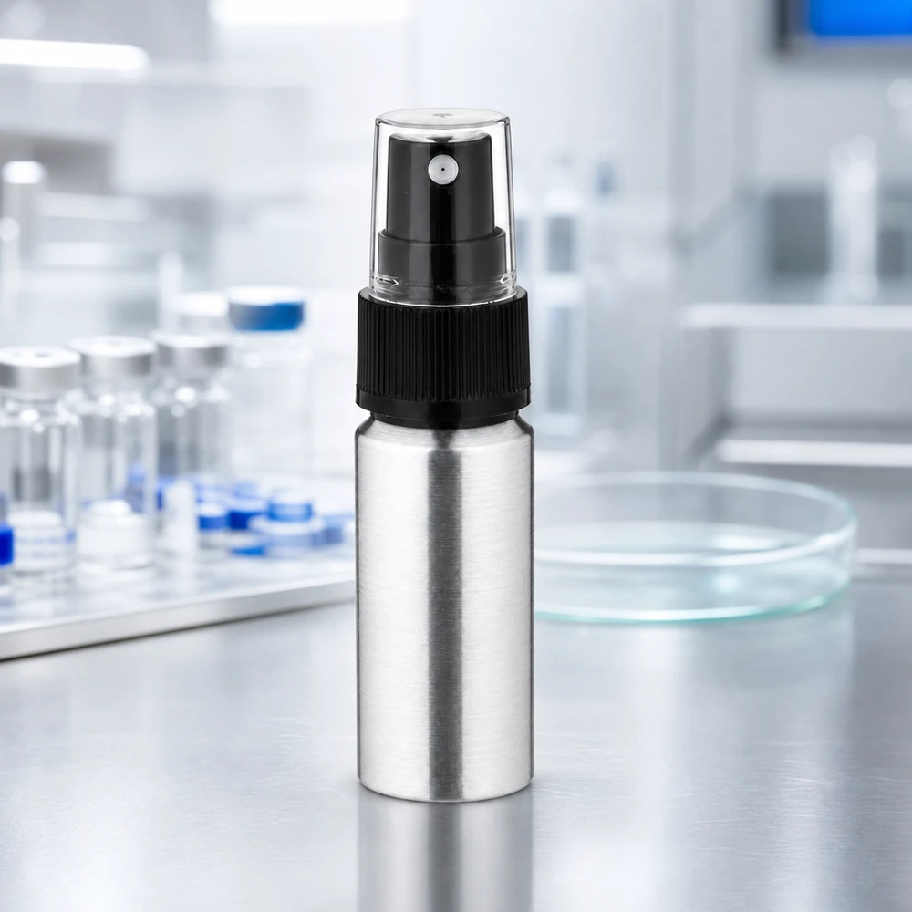 Bouteille en aluminium poncé 20 ml, avec vaporisateur à pompe noir Vaporisateur hygiénique de 20 ml en aluminium - parfait pour les liquides stériles et les désinfectants
