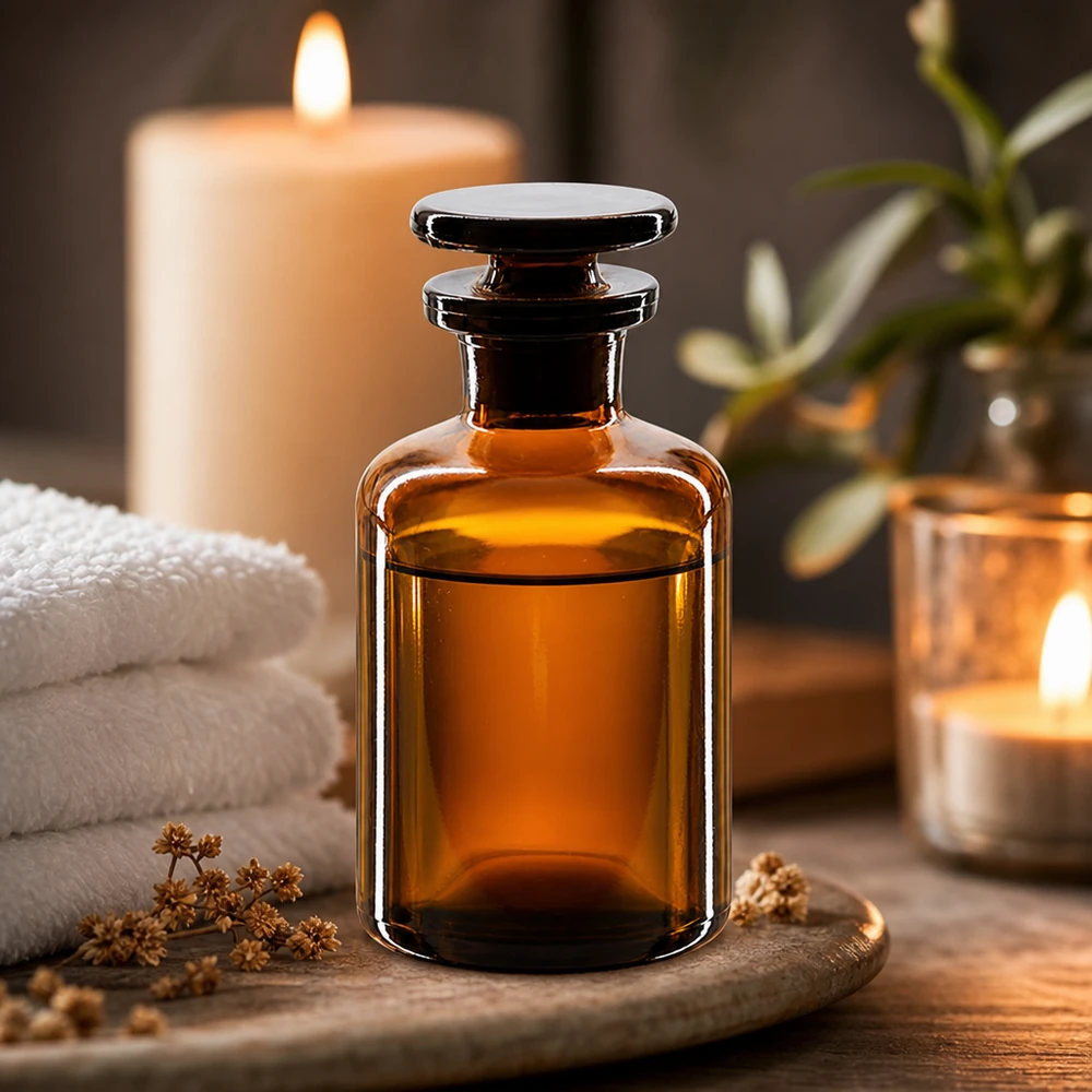Flacon décoratif en verre ambré de 50 ml avec bouchon en verre et épaulement arrondi, pour les spas et le bien-être
