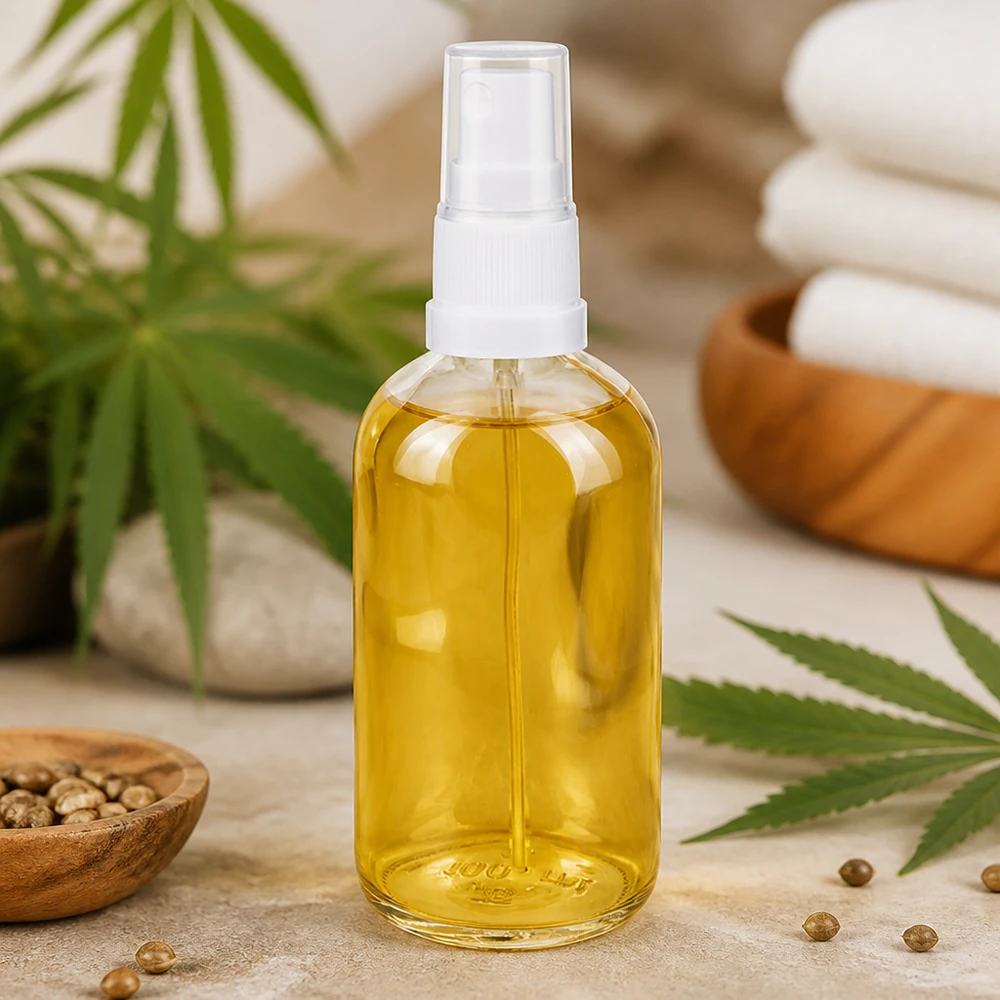 Huile de chanvre en flacon en verre de 100 ml avec vaporisateur blanc ClearLine UT18 – Emballage pour cosmétiques naturels