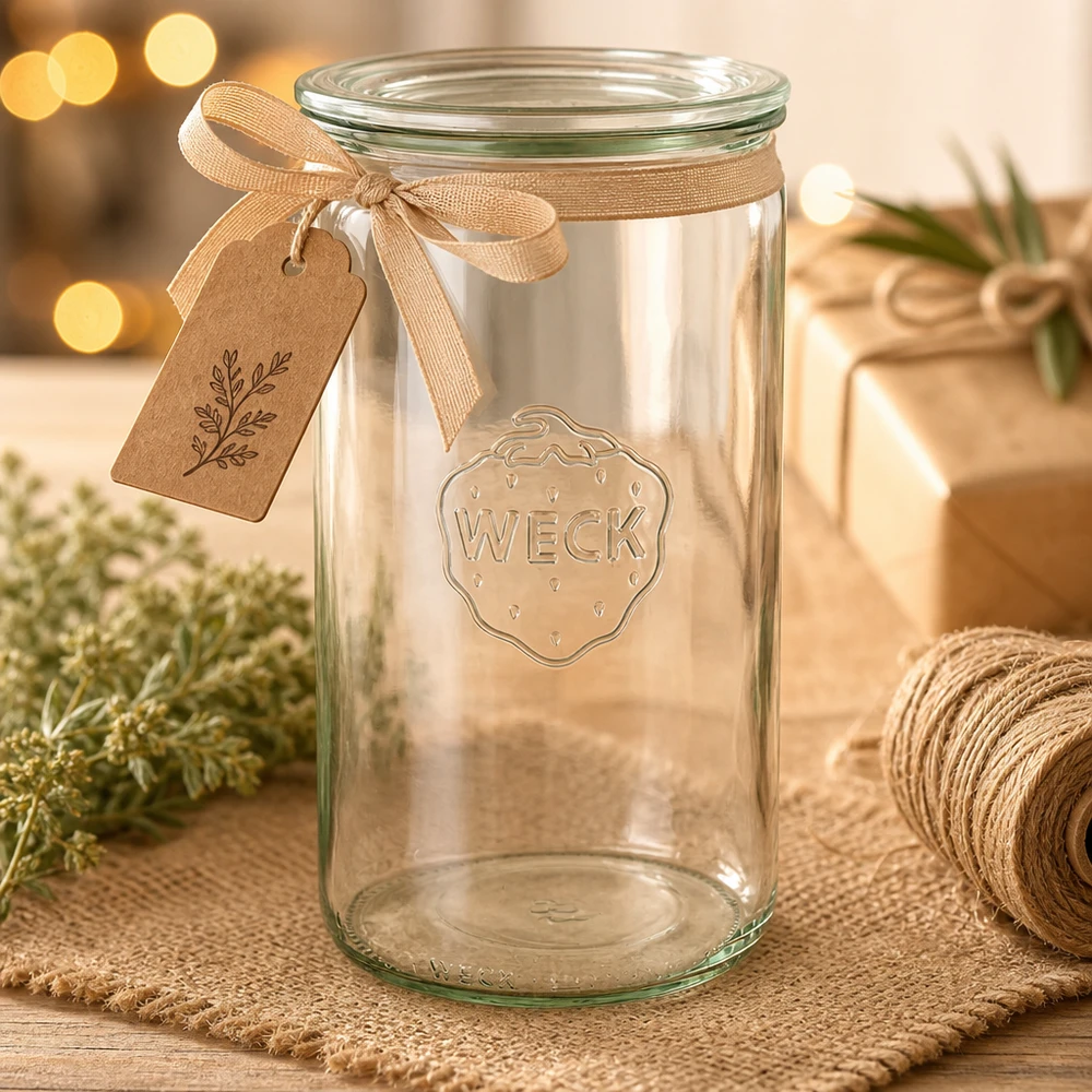 WECK Pot cylindrique 1590ml RR100 vide avec ruban cadeau brun et pendentif décoré pour Noël sur table en bois