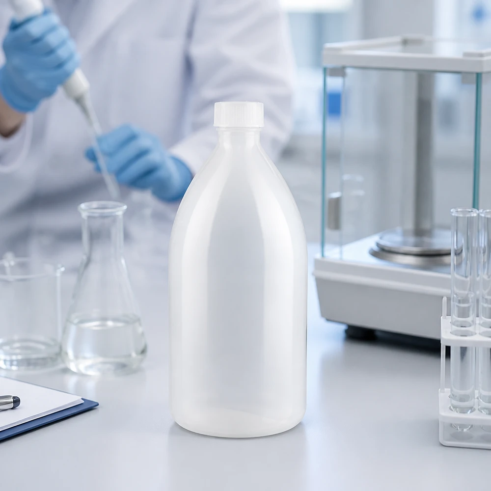 1000ml Laborflasche mit Enghals und kindersicherem Schraubverschluss neben Analysenwaage im Labor