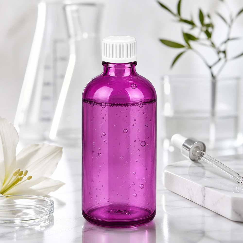 Flacon 100ml (globules) 3mm bague de coulée blanche standard PurpleLine. UT18/100 Bouteille en verre Purple d'une capacité de 100 ml avec système de fermeture à l'épreuve des enfants