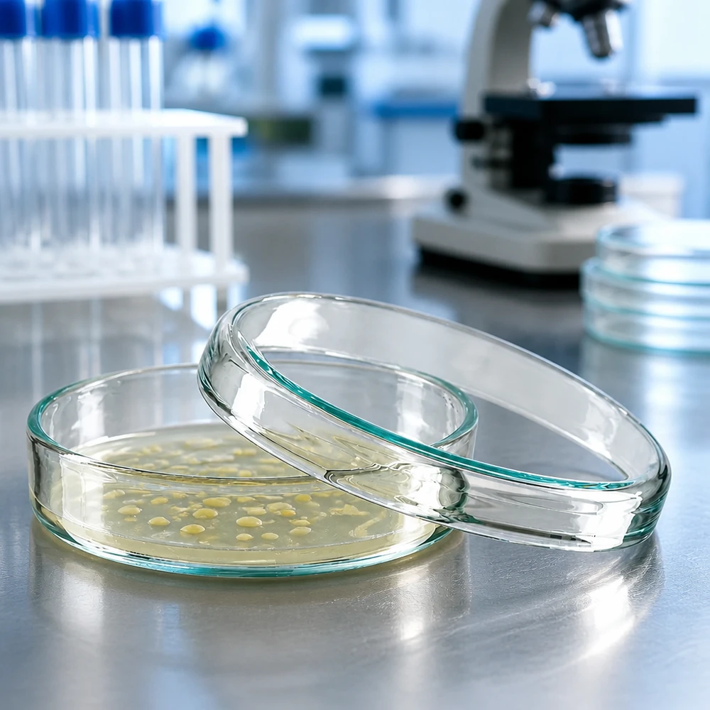 Une boîte de Pétri en verre ouverte de 70 x 15 mm montre la croissance de colonies sur un milieu Agar – expérience en laboratoire