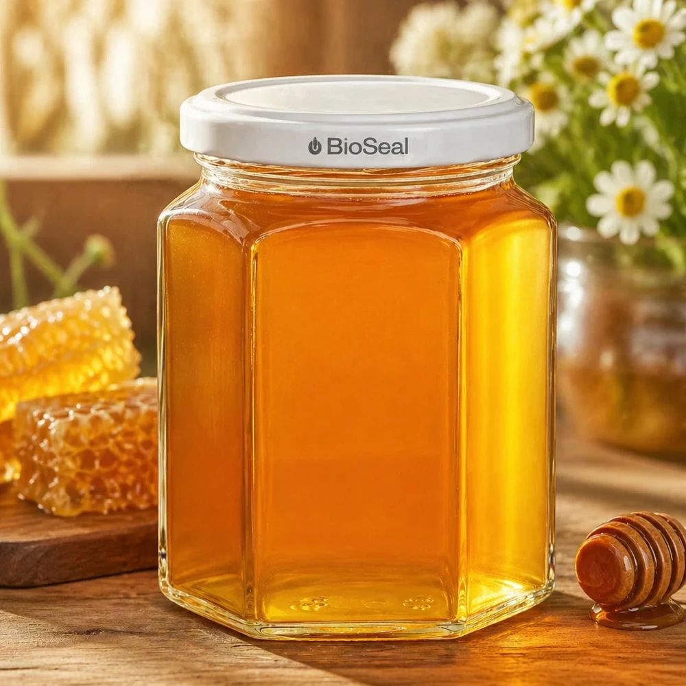 288ml Verre hexagonal avec couvercle BioSeal blanc UNiTWIST UNiTWIST Hexa288 Pot de miel rempli de miel doré à côté d'un nid d'abeille et d'une cuillère à miel sur une table en bois