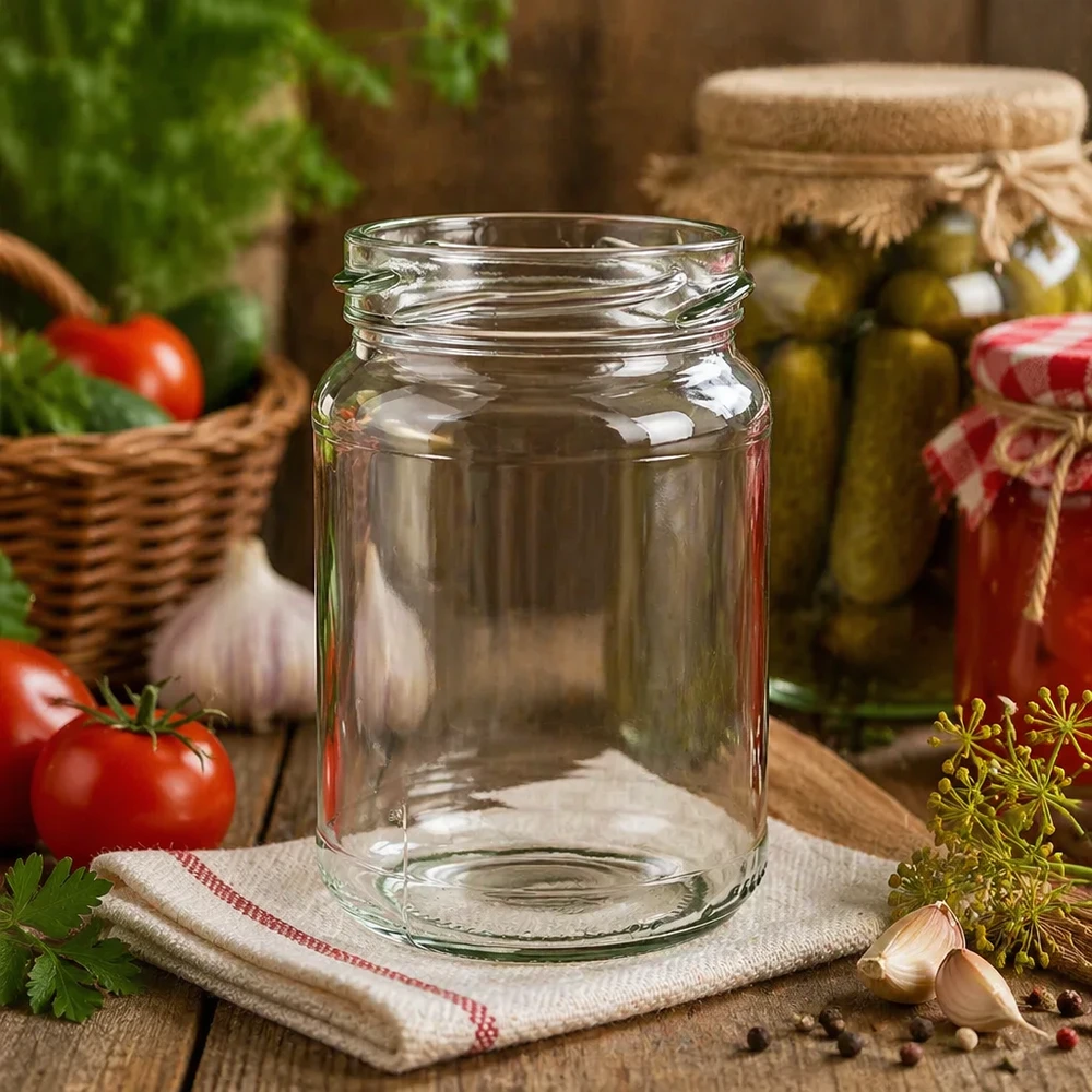 UNiTWIST Runda205 Bocal rond 205ml TO58 Bocal vide sur table de cuisine avec légumes et herbes aromatiques en arrière-plan