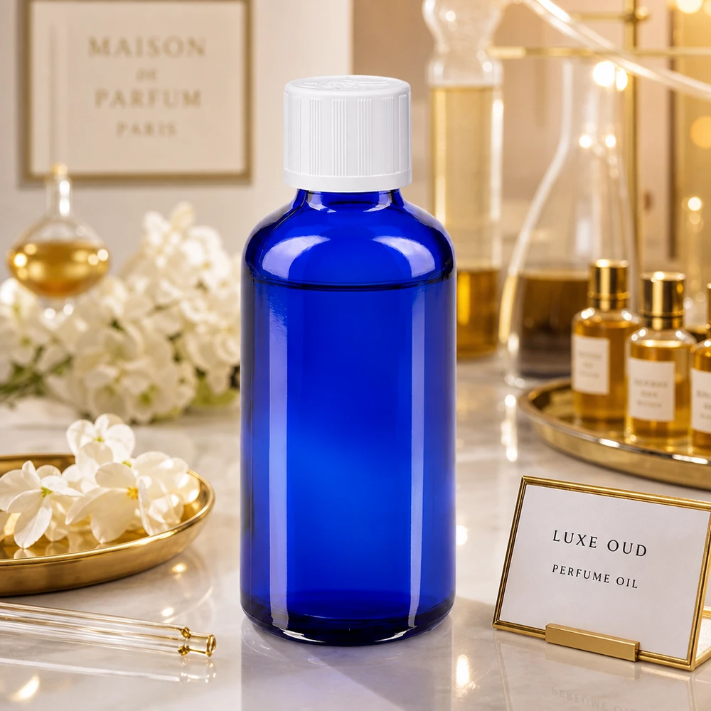 Flacon à pharmacie bleu 50ml bouchon vissable blanc séc. enf. std Flacon en verre bleu cobalt de 50 ml avec bouchon de sécurité blanc, présenté dans un décor de parfumerie raffiné