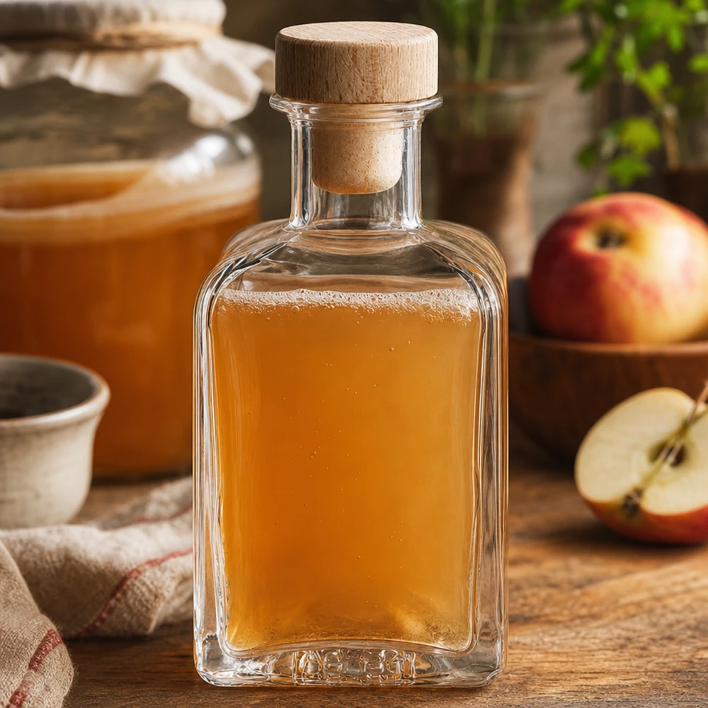Flacon à pharmacie 200 ml « Clara » avec bouchon en bois UNiTWIST® Bouteille en verre Clara de 200ml remplie de jus de pomme bouchon en bois rondelles de pomme cuisine rustique jus naturels bouteille décorative