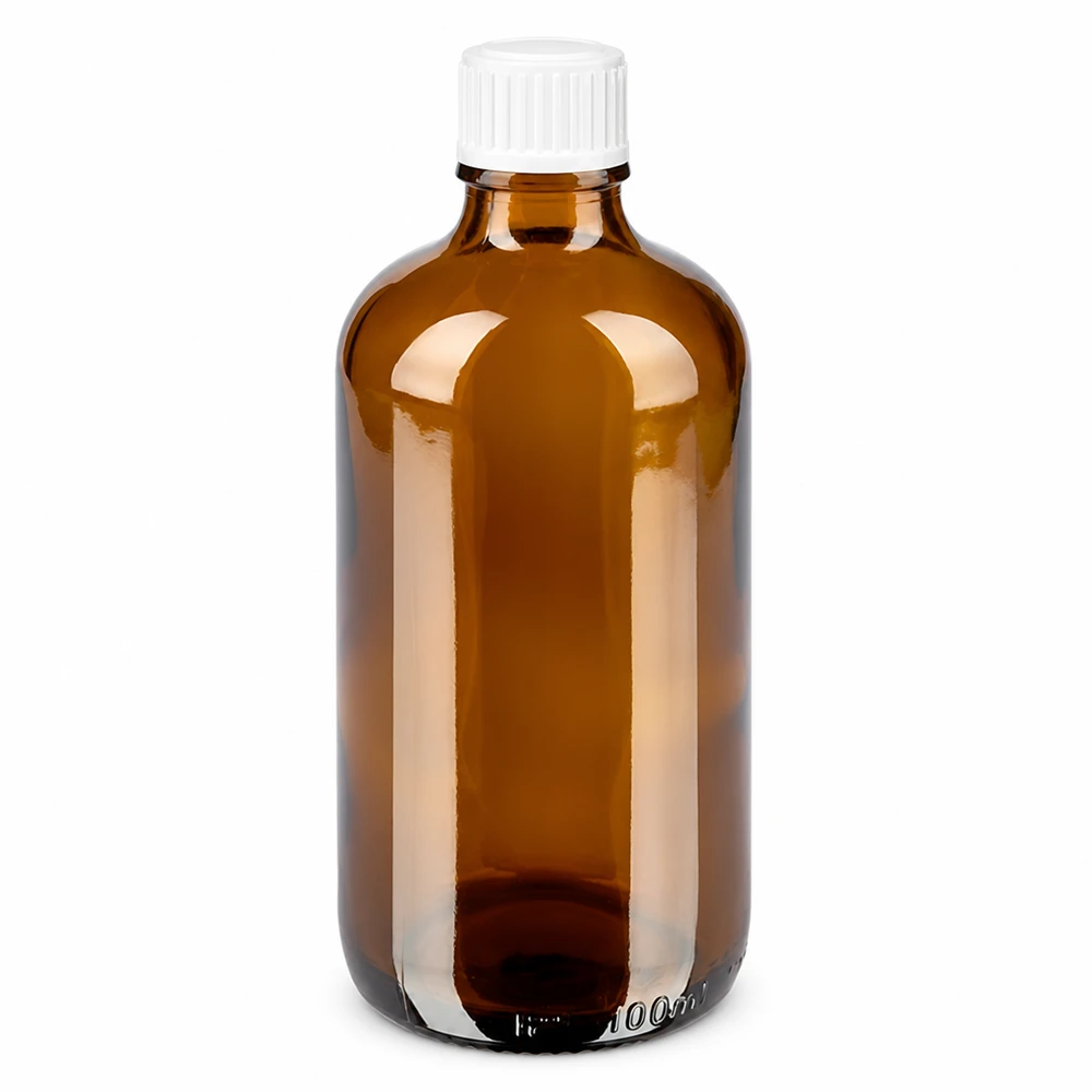 Flacon de pharmacie brun 100ml bouchon vissable blanc Std Flacon en verre brun de 100 ml avec bouchon à vis standard blanc pour pharmacies