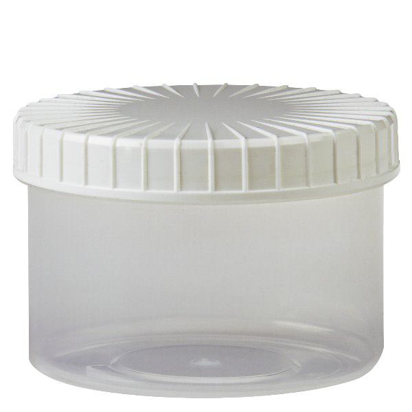Pot en plastique transparent 250 ml + couvercle à vis blanc strié en PE, fermeture standard