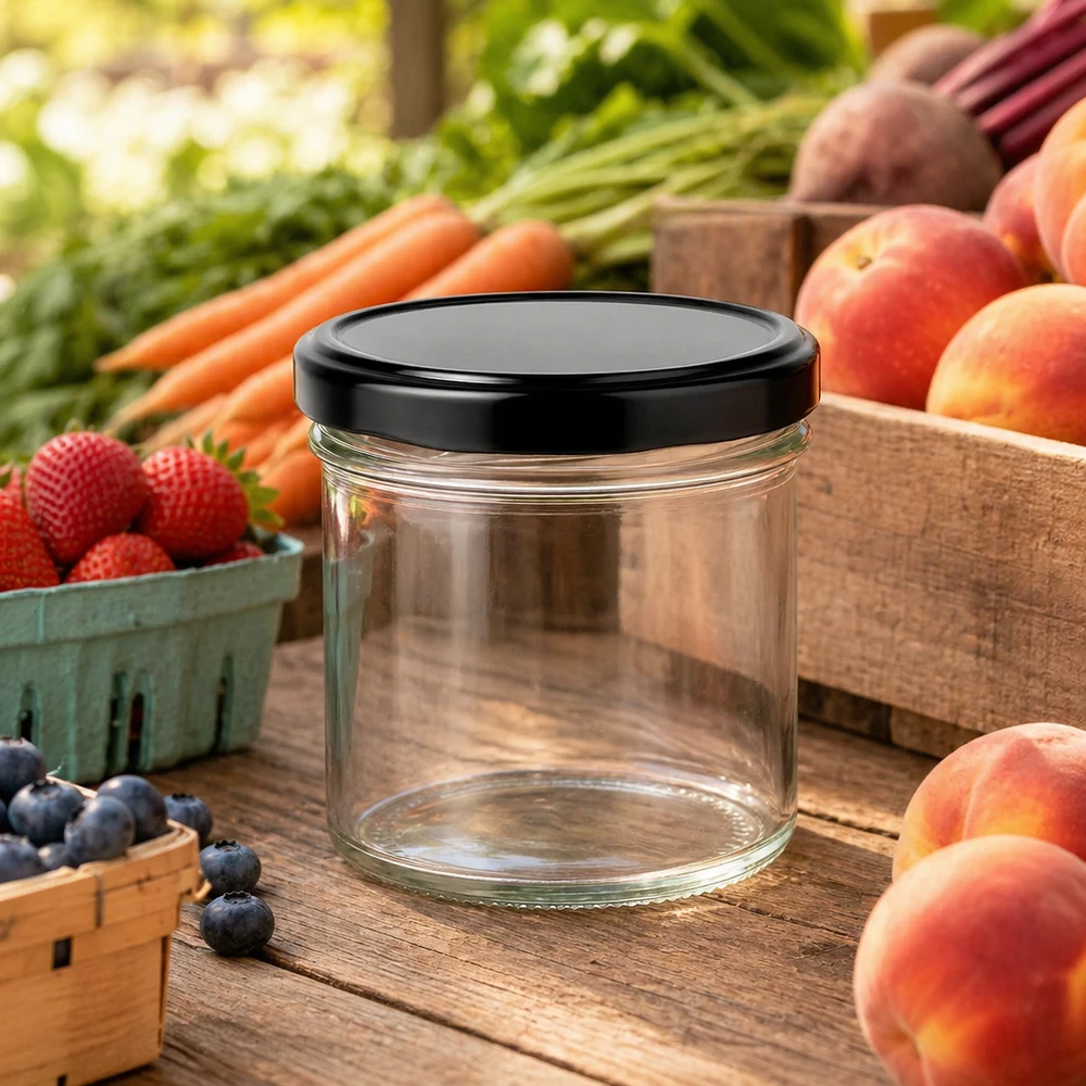 125ml Verre conique avec couvercle BasicSeal noir UNiTWIST Verre renversé de 125 ml avec couvercle noir parmi des fruits et légumes frais sur une table en bois Atmosphère de stand de marché