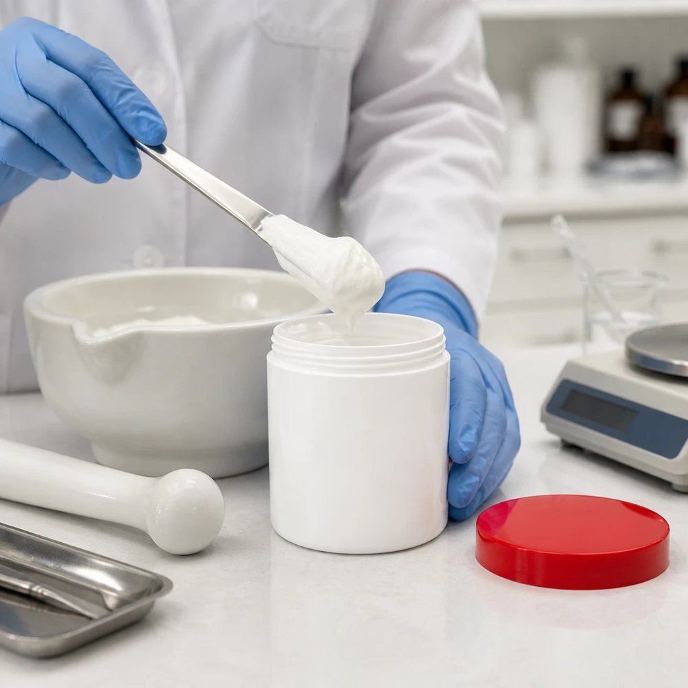 Pot à pommade blanc de 300 ml à côté d'un mortier et d'une balance d'analyse dans un laboratoire pharmaceutique