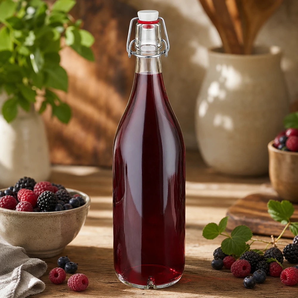 Bouteille en verre de 1000 ml + bouchon mécanique en porcelaine UN.. 1000ml Glasflasche mit Bügelverschluss gefüllt mit Beerensaft neben frischen Himbeeren und Blaubeeren auf Holz