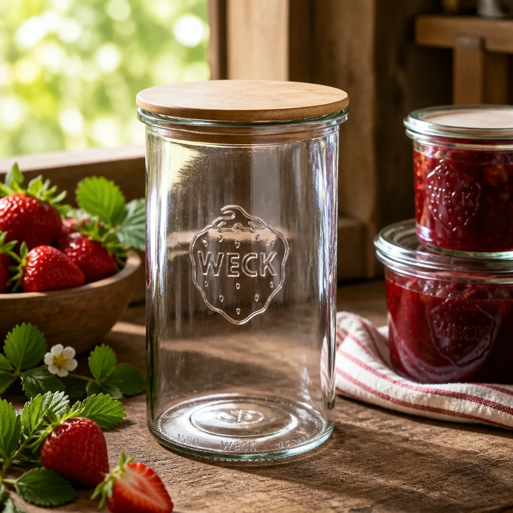 1000ml bocal conique WECK RR100 avec couvercle en bois WECK Pot à provisions 1000ml avec couvercle en bois dans une cuisine rustique à côté de la confiture de fraises faite maison et des fraises fraîches