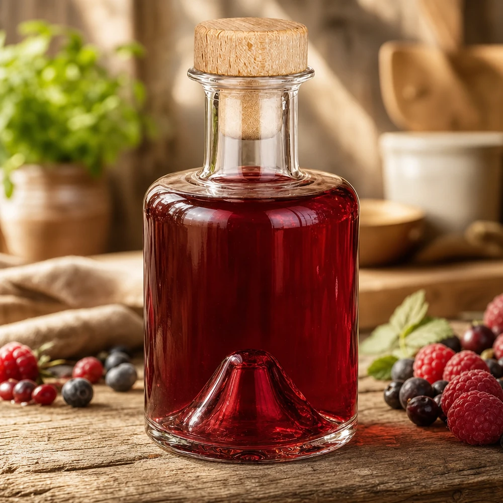 Flacon à pharmacie « Sofia » 200 ml avec bouchon en bois UNiTWIST® Bouteille en verre Sofia de 200 ml avec bouchon en bois, remplie de liqueur de baies à côté de framboises et de myrtilles dans une scène de cuisine rustique.