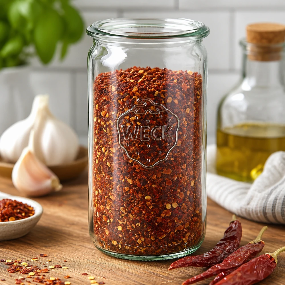 Bocal cylindrique en verre WECK RR60 de 340 ml WECK Pot cylindrique 340ml RR60 rempli de flocons de piment sur table en bois avec ail et piments séchés