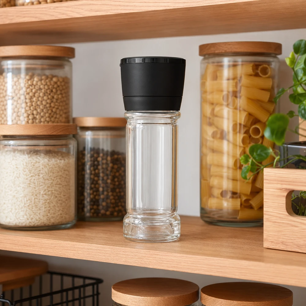 Pot à sel/épices 100 ml avec moulin Vario noir Pot à épices de 100 ml avec moulin noir Vario, posé sur une étagère en bois entre les bocaux de riz et de pâtes