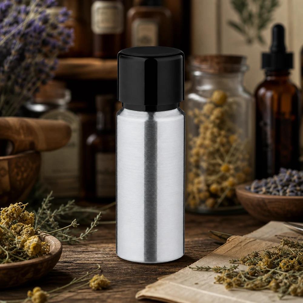Bouteille en aluminium poncé 20 ml, avec bouchon à vis noir et joint conique Flacon cylindrique en aluminium de 20 ml avec finition polie et bouchon étanche pour produits liquides